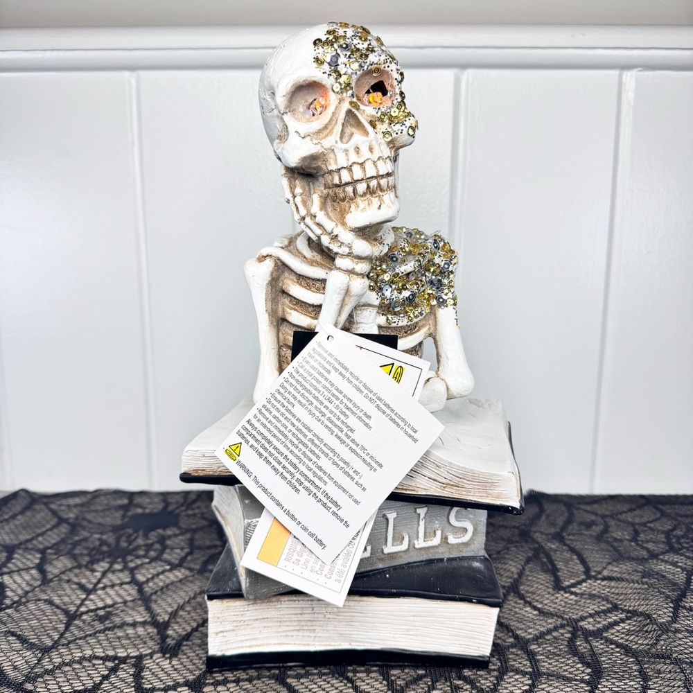NEW Midnight Manor Light Up Skeleton on Spell Books Halloween Figurine